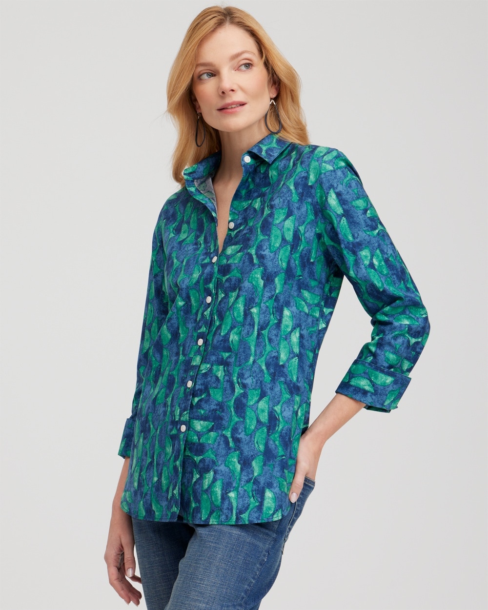 Chico's Tops | No Iron™ 3/4 Sleeve Mixed Half Moon Shirt Twisted Ivy