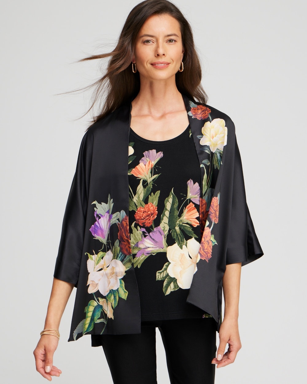 Chico's Scarves | Floral Short Kimono Black