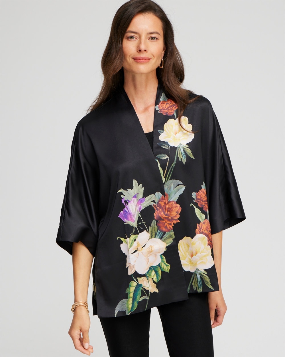 Chico's Scarves | Floral Short Kimono Black