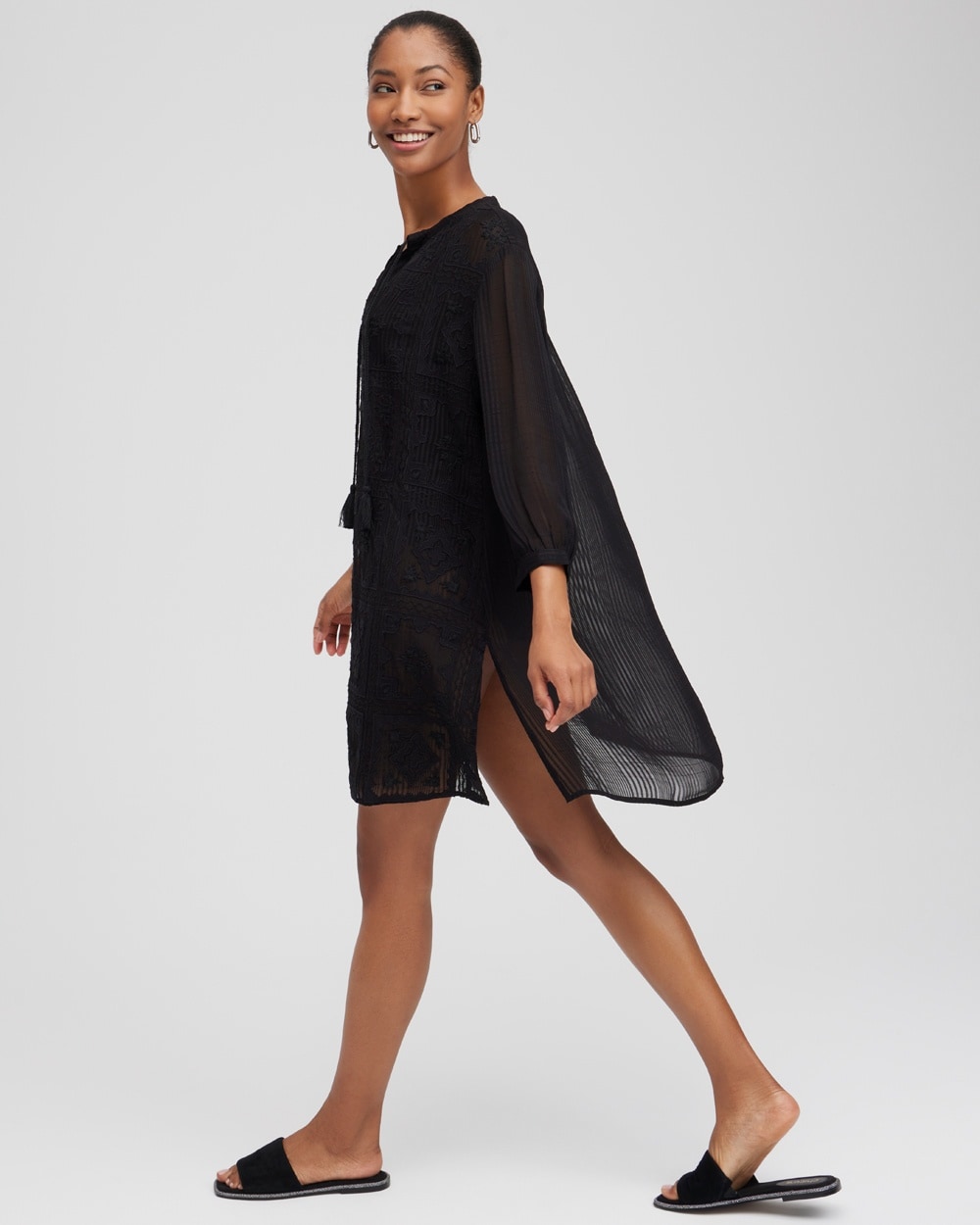 Chico's Swim | Embroidered Swim Dress Coverup Black