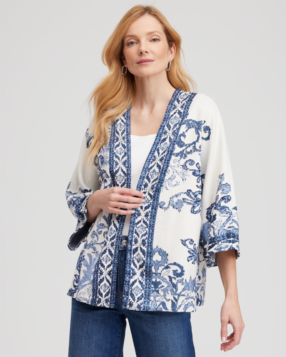 Chico's Scarves | Jacquard Knit Short Kimono Azores Blue