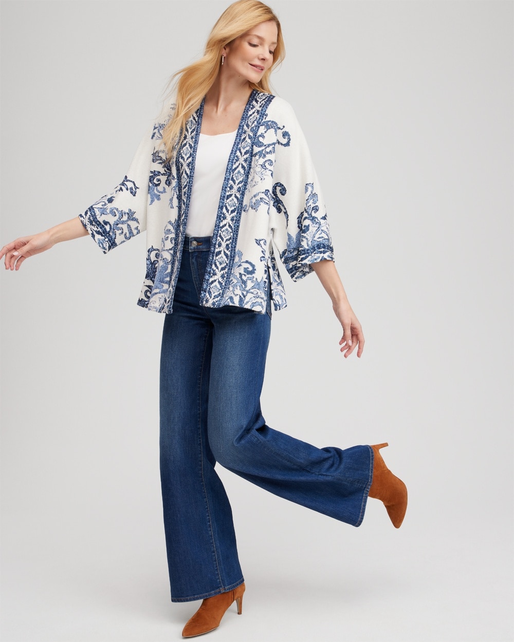 Chico's Scarves | Jacquard Knit Short Kimono Azores Blue