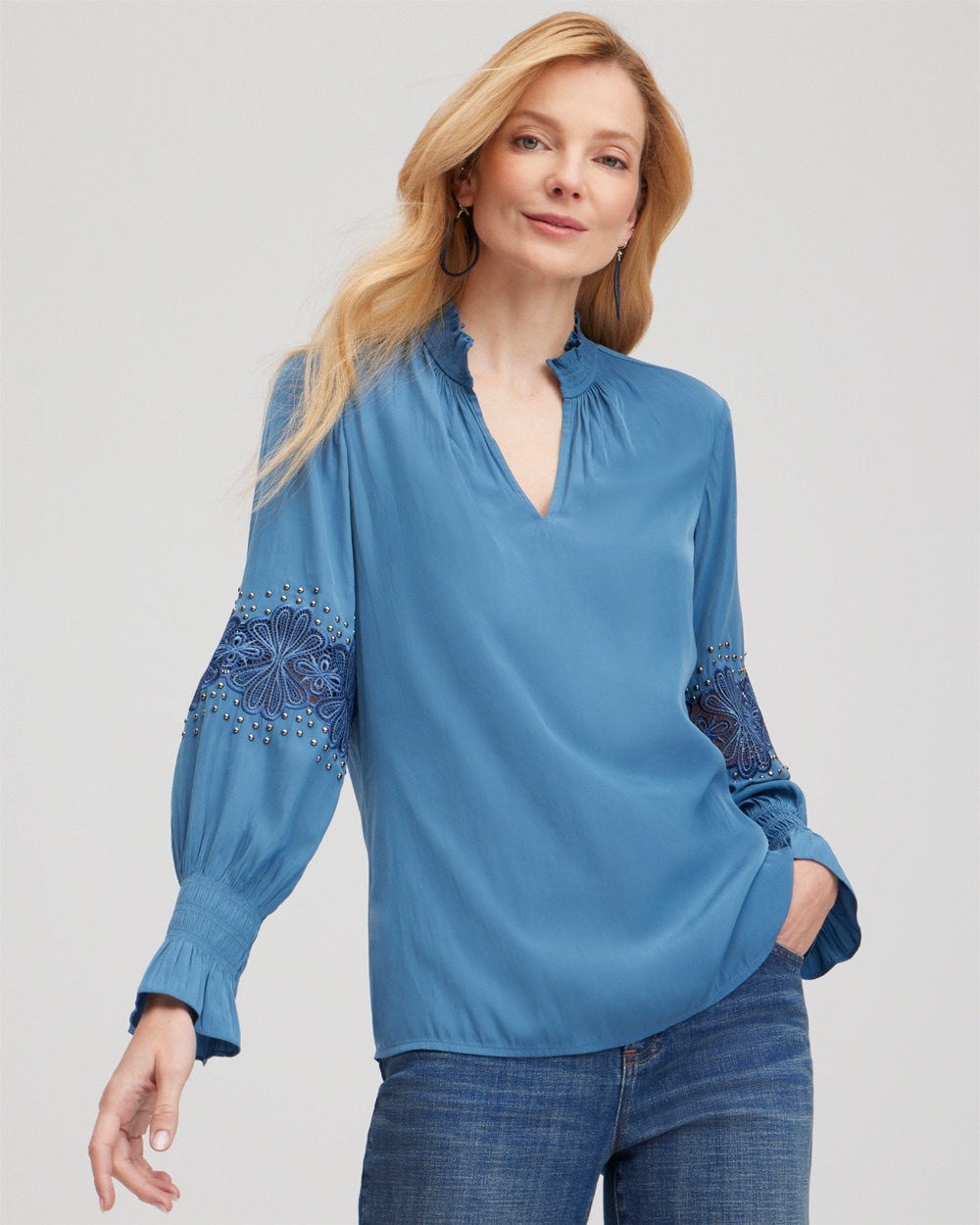 Chico's Tops | Floral Lace Detail Top Blue Echo