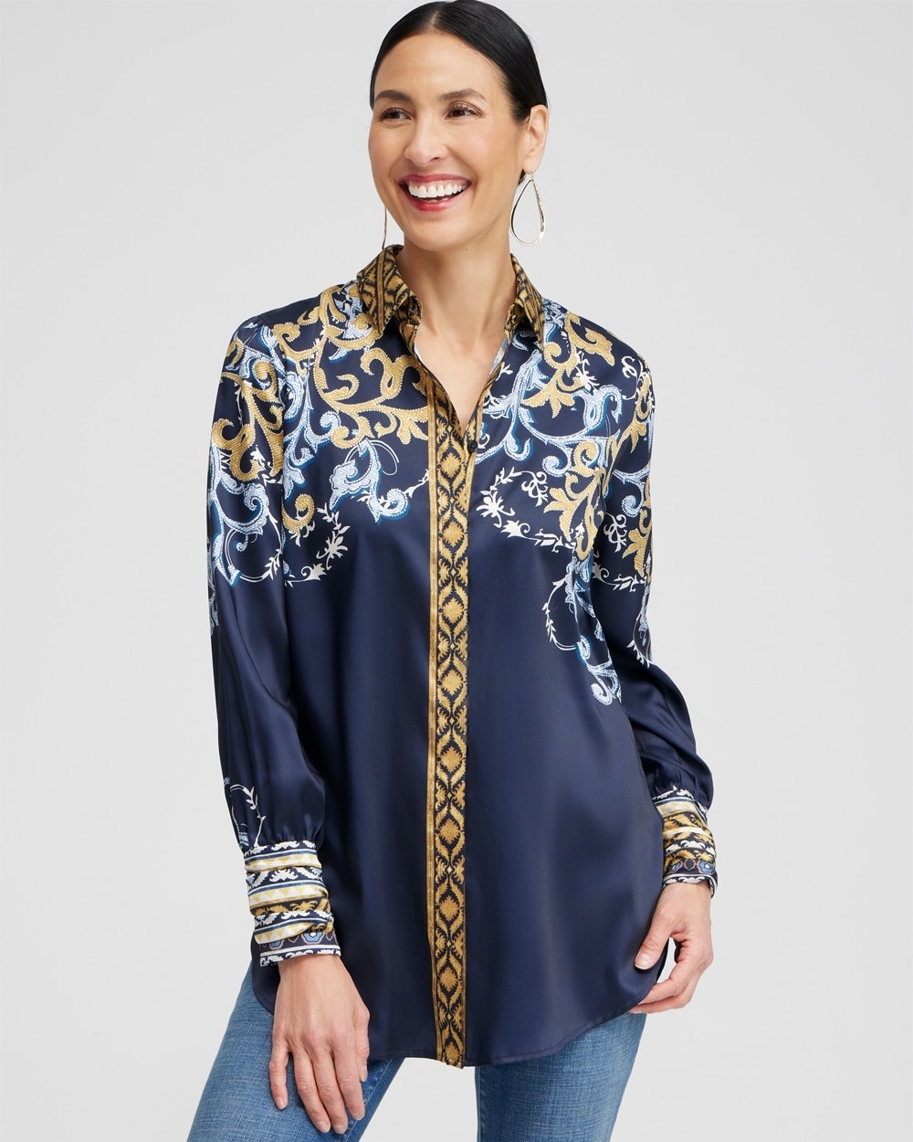 Chico's Tops | Ruched Cuff Placed Print Tunic Azores Blue