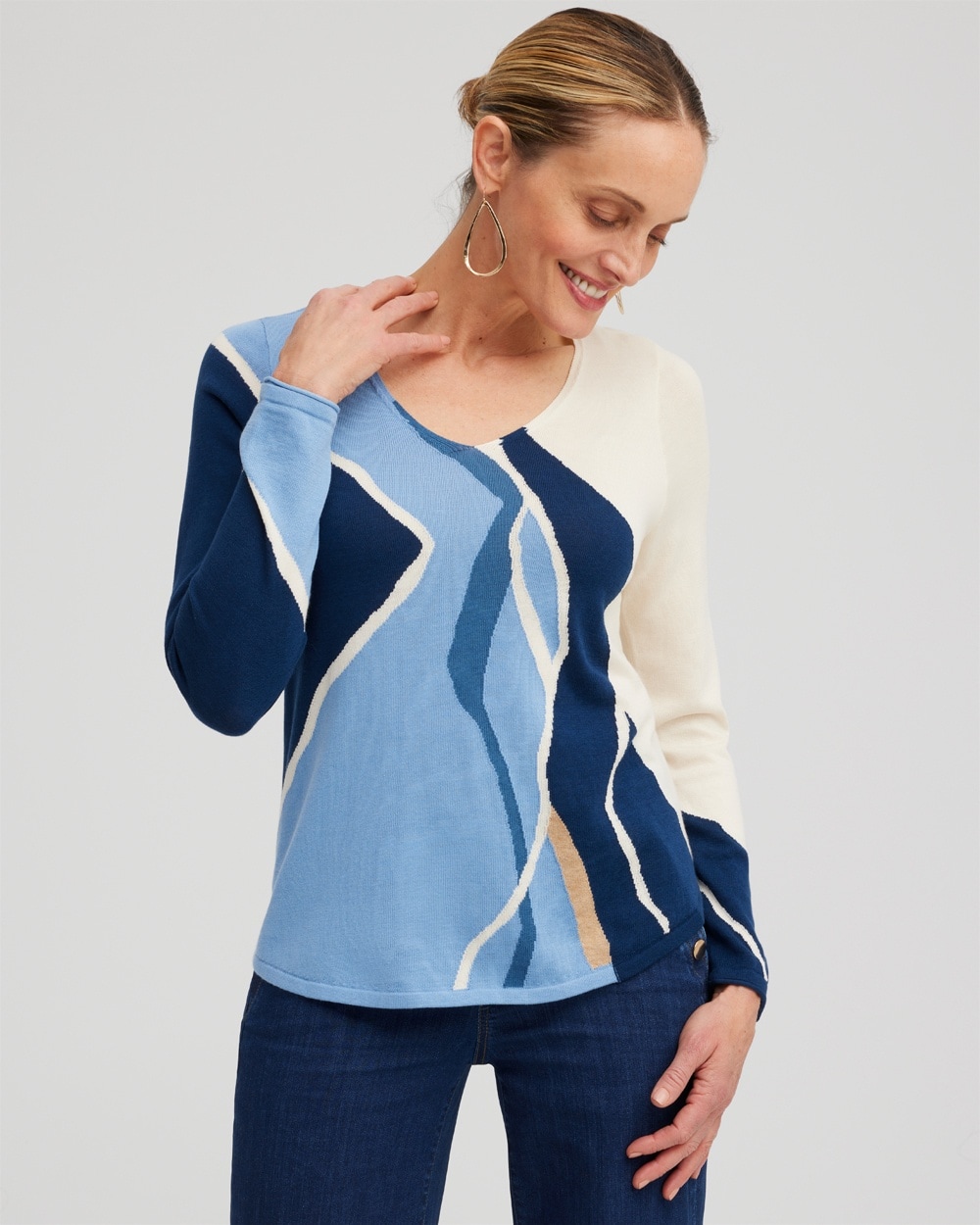 Chico's Sweaters | Spun Rayon Intarsia V-neck Pullover Azores Blue