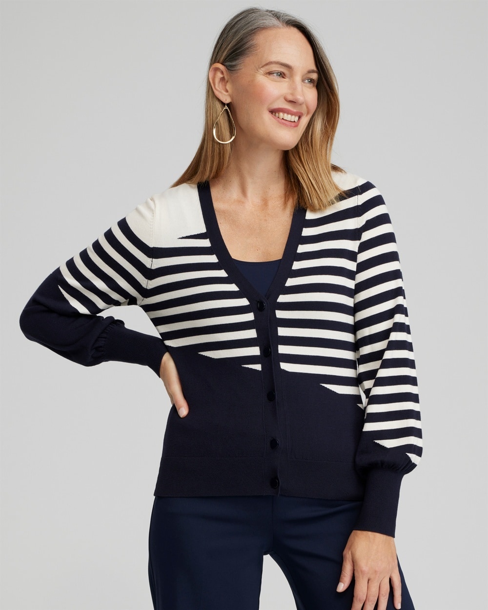 Chico's Sweaters | Mixed Stripe Cardigan Classic Navy