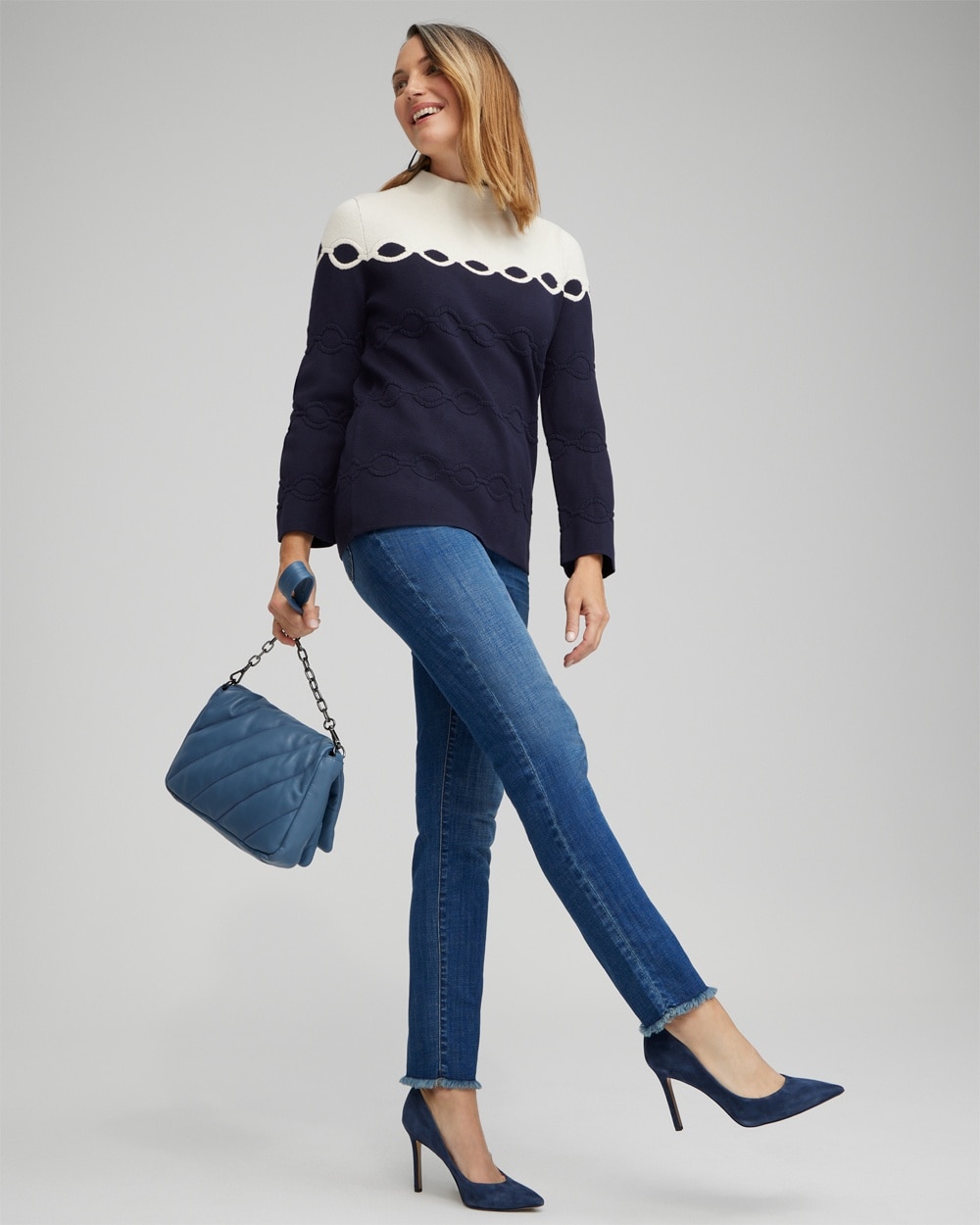 Chico's Sweaters | Colorblock Funnel Neck Pullover English Cream