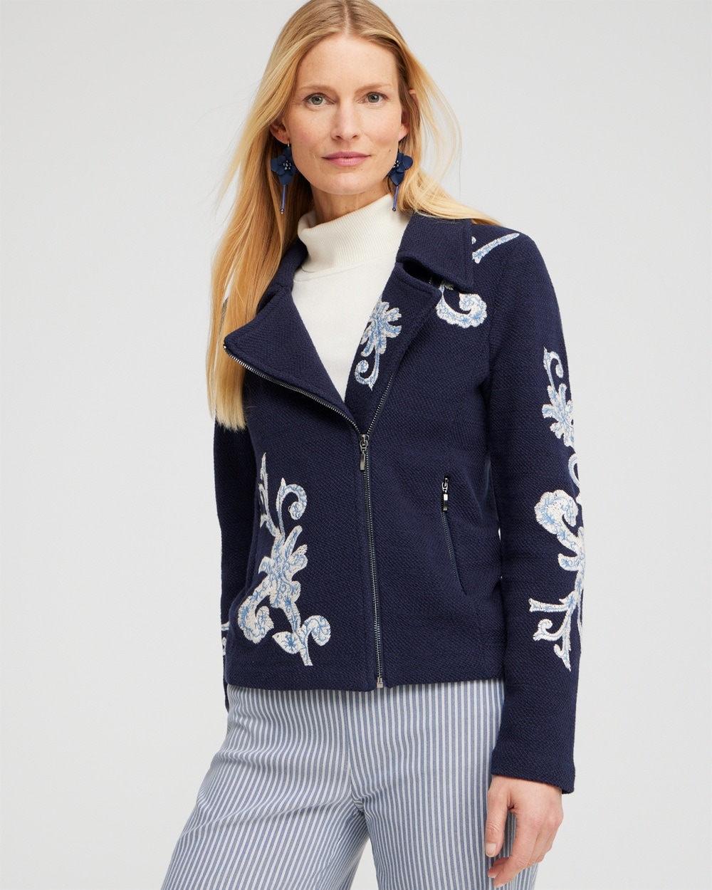 Chico's Sweaters | Embroidered Moto Jacket Classic Navy