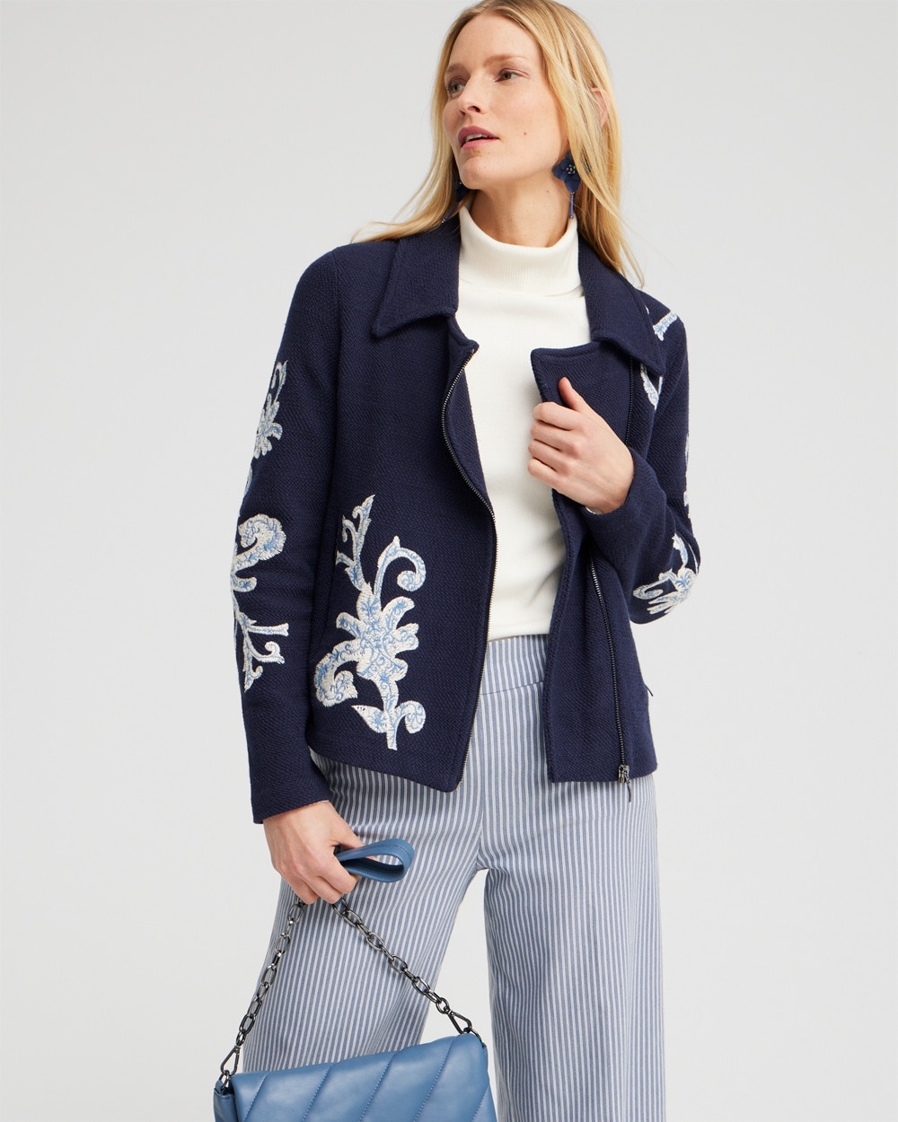 Chico's Sweaters | Embroidered Moto Jacket Classic Navy