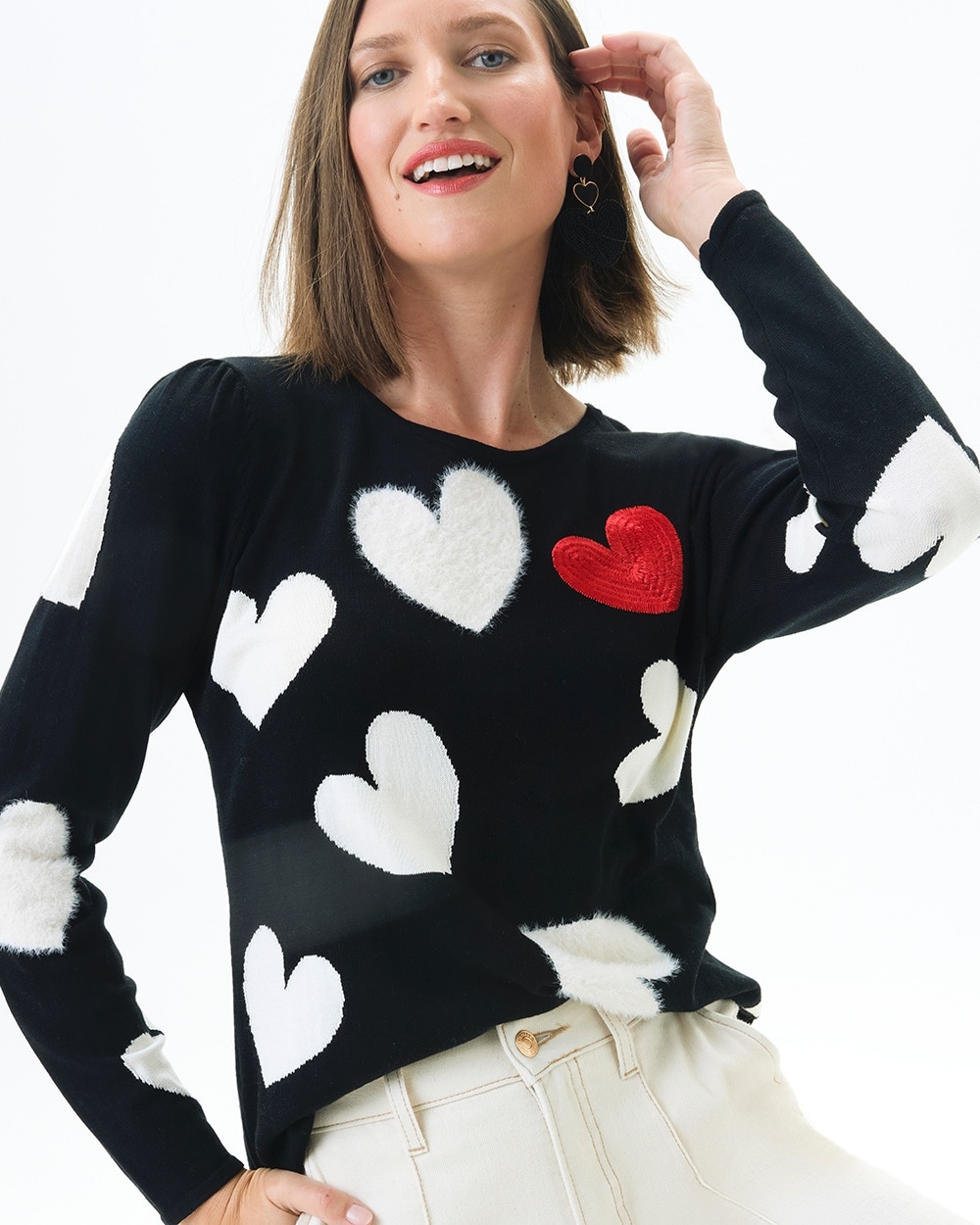 Chico's Sweaters | Fuzzy Hearts Pullover Sweater Black