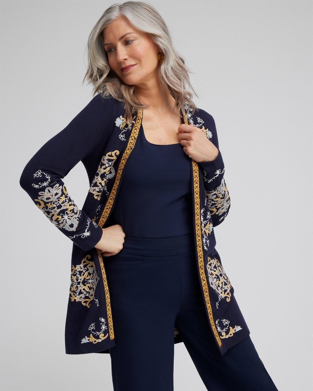 Chico's Sweaters | Embroidered Cardigan Classic Navy