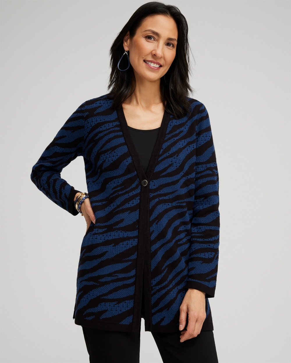 Chico's Sweaters | Double Knit Zebra Print Cardigan Azores Blue