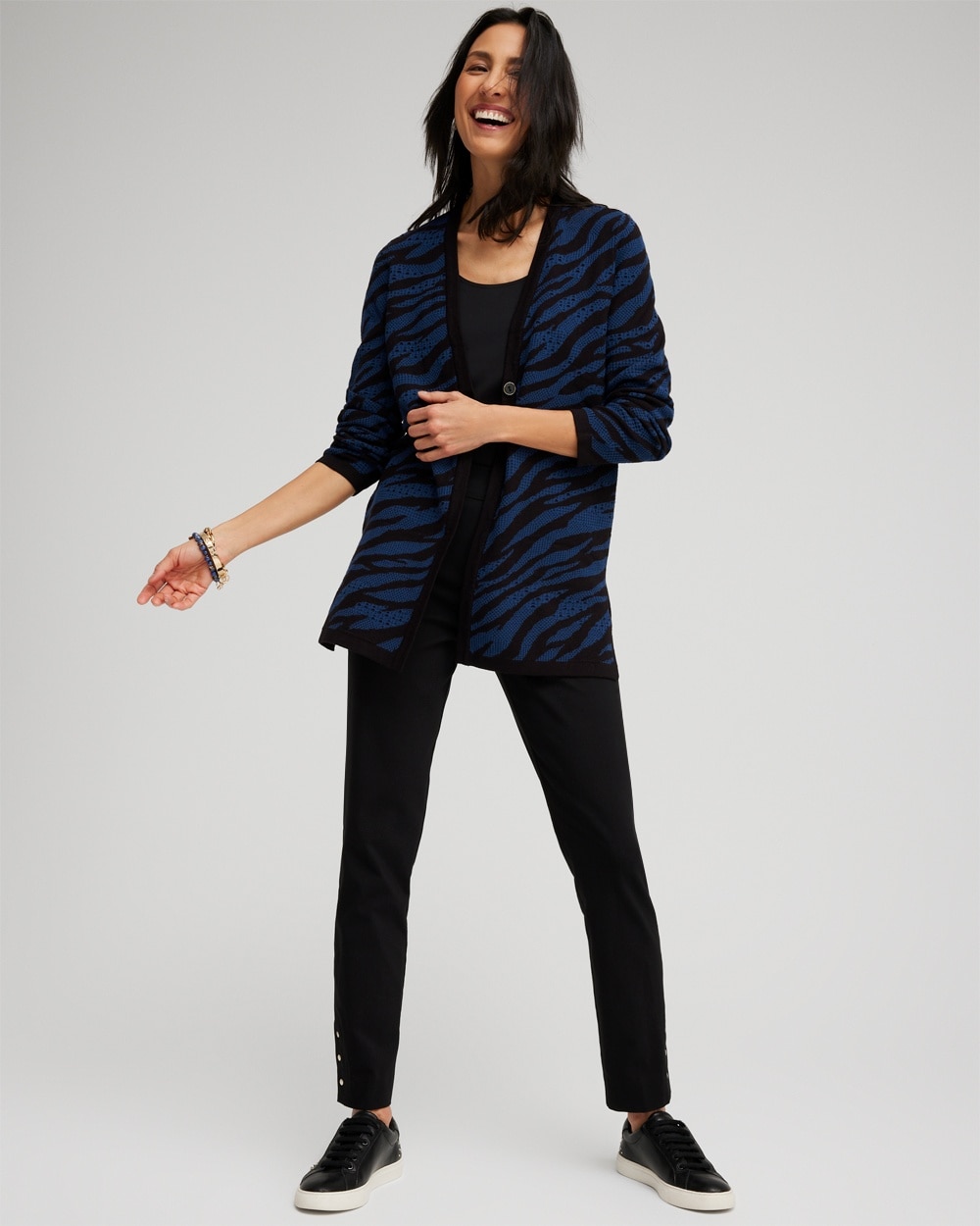 Chico's Sweaters | Double Knit Zebra Print Cardigan Azores Blue