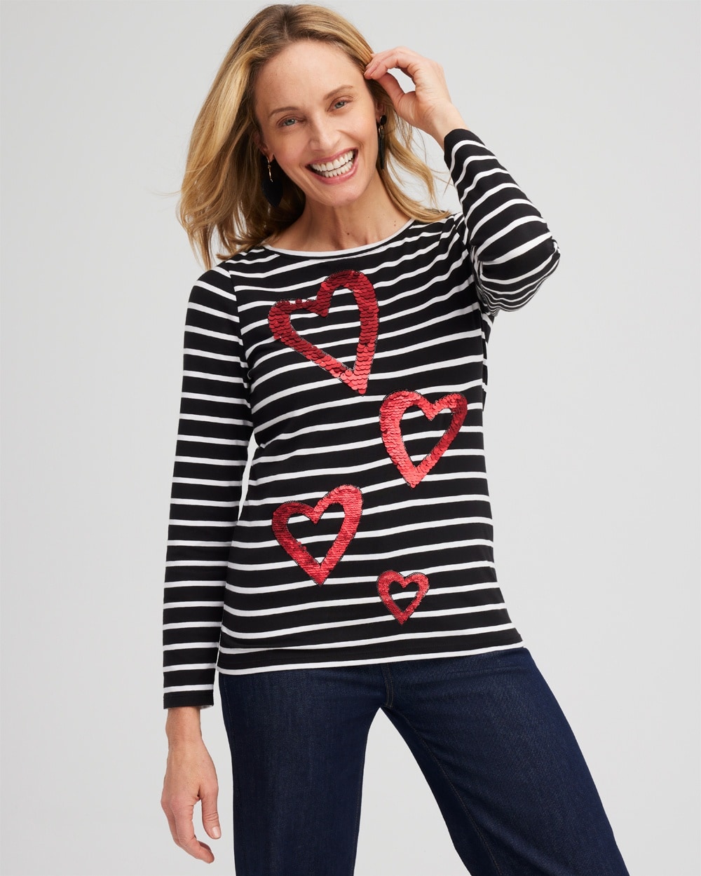 Chico's Tops | Stripe Sequin Hearts Tee Black