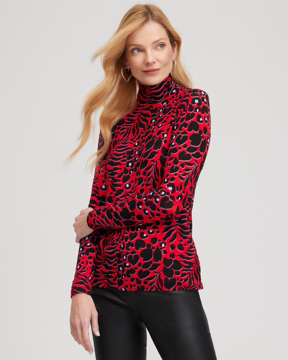 Chico's Tops | Touch of Cool™ Leopard Mock Neck Layering Tee Love Letter Red