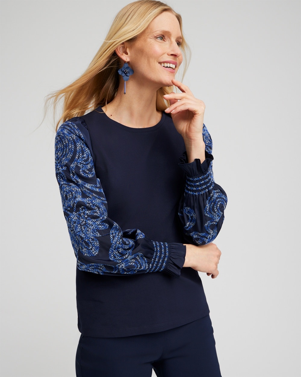 Chico's Tops | Embroidered Sleeve Top Classic Navy