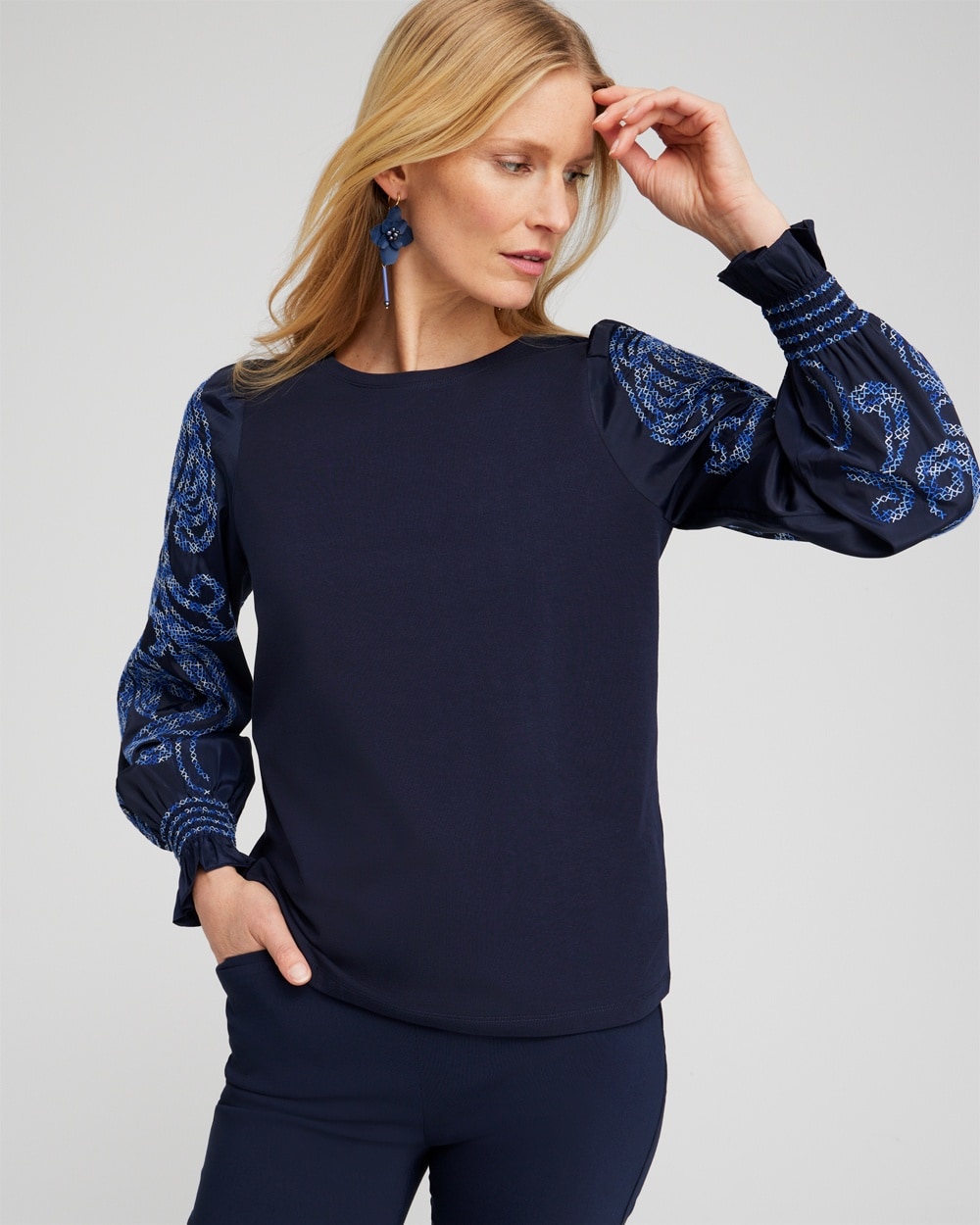 Chico's Tops | Embroidered Sleeve Top Classic Navy