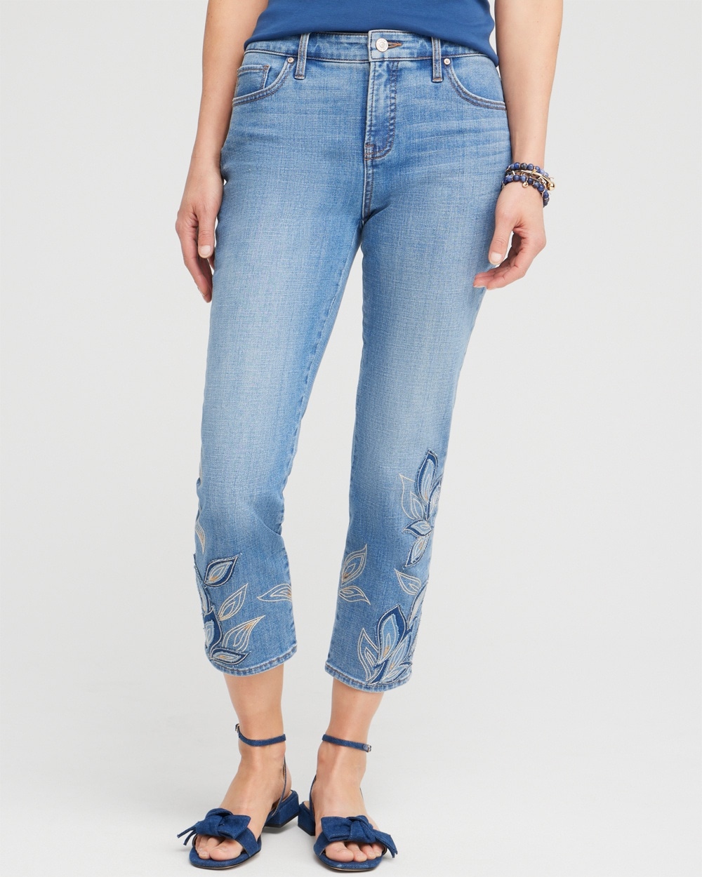 Chico's Jeans & Denim | Girlfriend Tonal Applique Crops Oceania Indigo