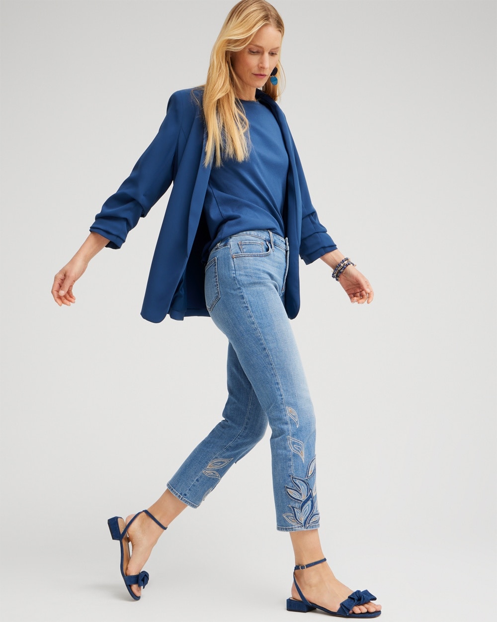 Chico's Jeans & Denim | Girlfriend Tonal Applique Crops Oceania Indigo