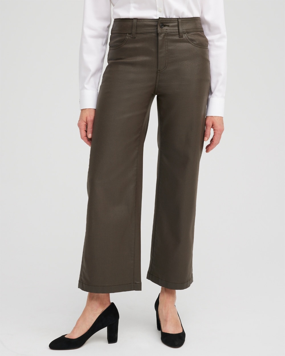 Chico's Dresses & Skirts | Petite Coated Denim Wide Leg Crops Mink Taupe