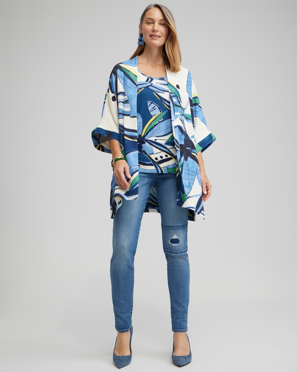 Chico's Scarves | Floral Print Long Kimono Blue Veil