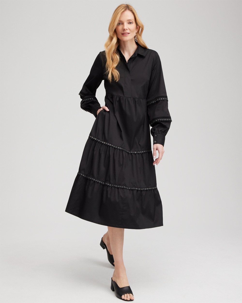 Chico's Dresses & Skirts | Poplin Lace Detail Tiered Dress Black