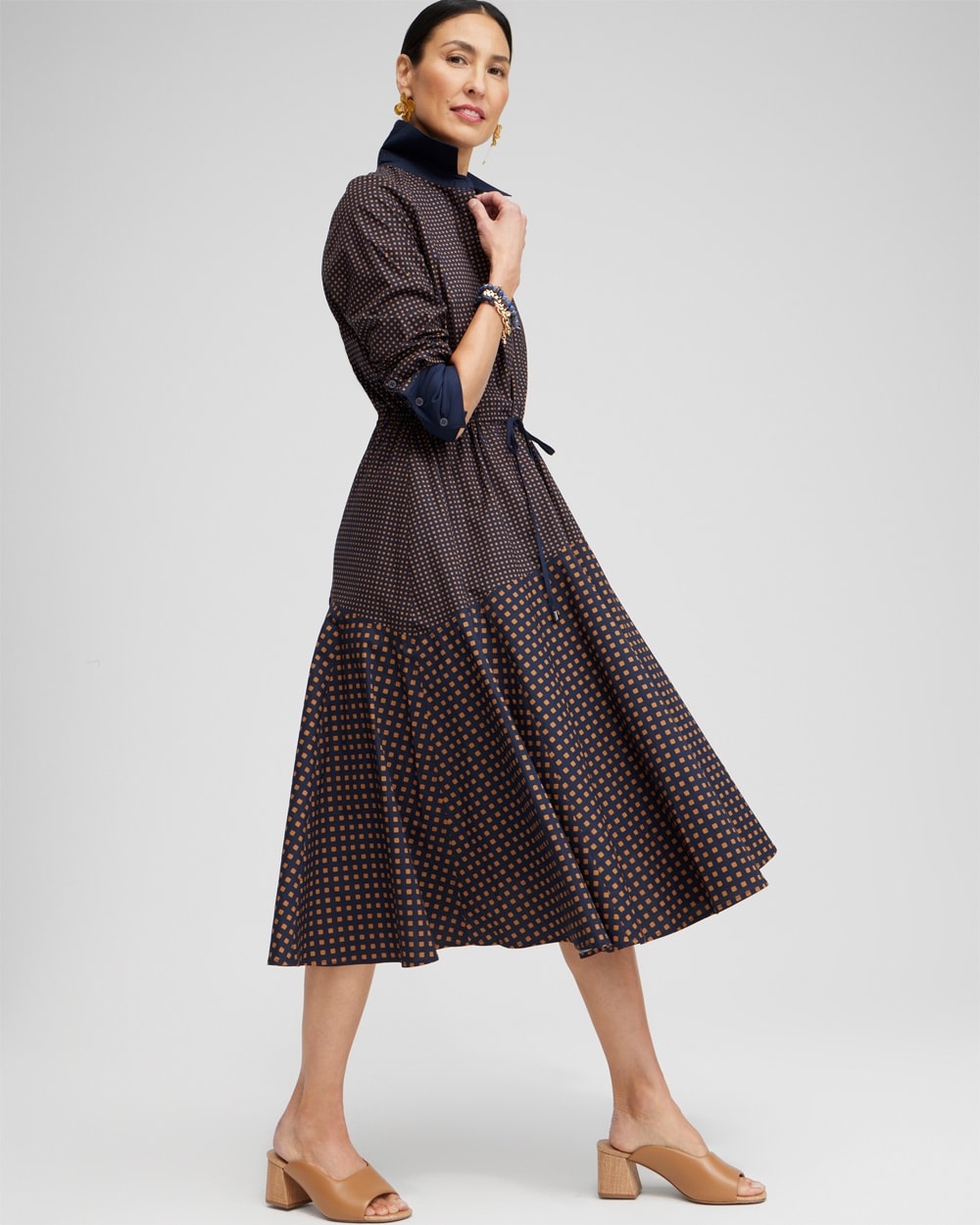 Chico's Dresses & Skirts | Asymmetrical Mixed Print Shirt Dress Classic Navy