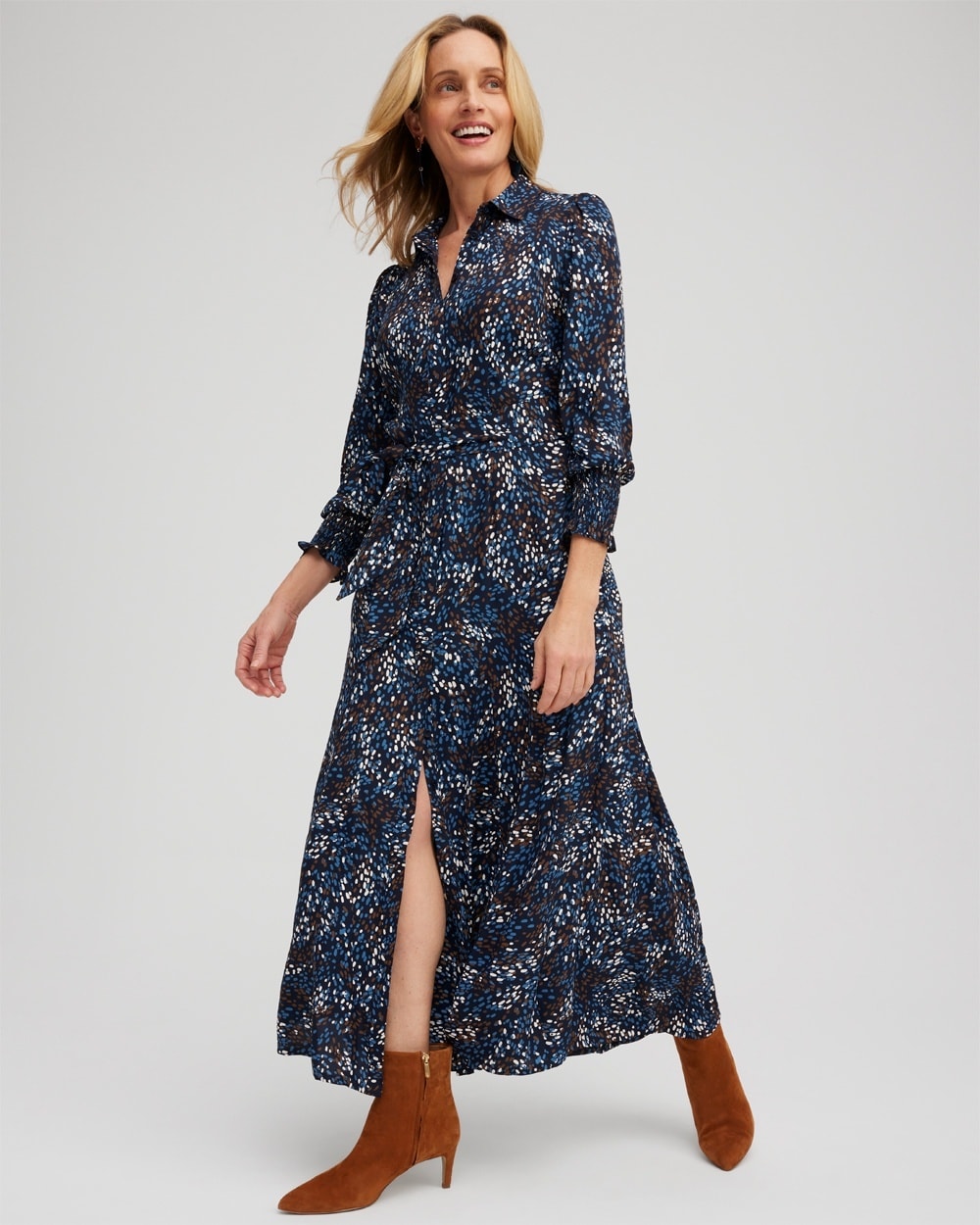 Chico's Dresses & Skirts | Dot Print Shirt Dress Classic Navy