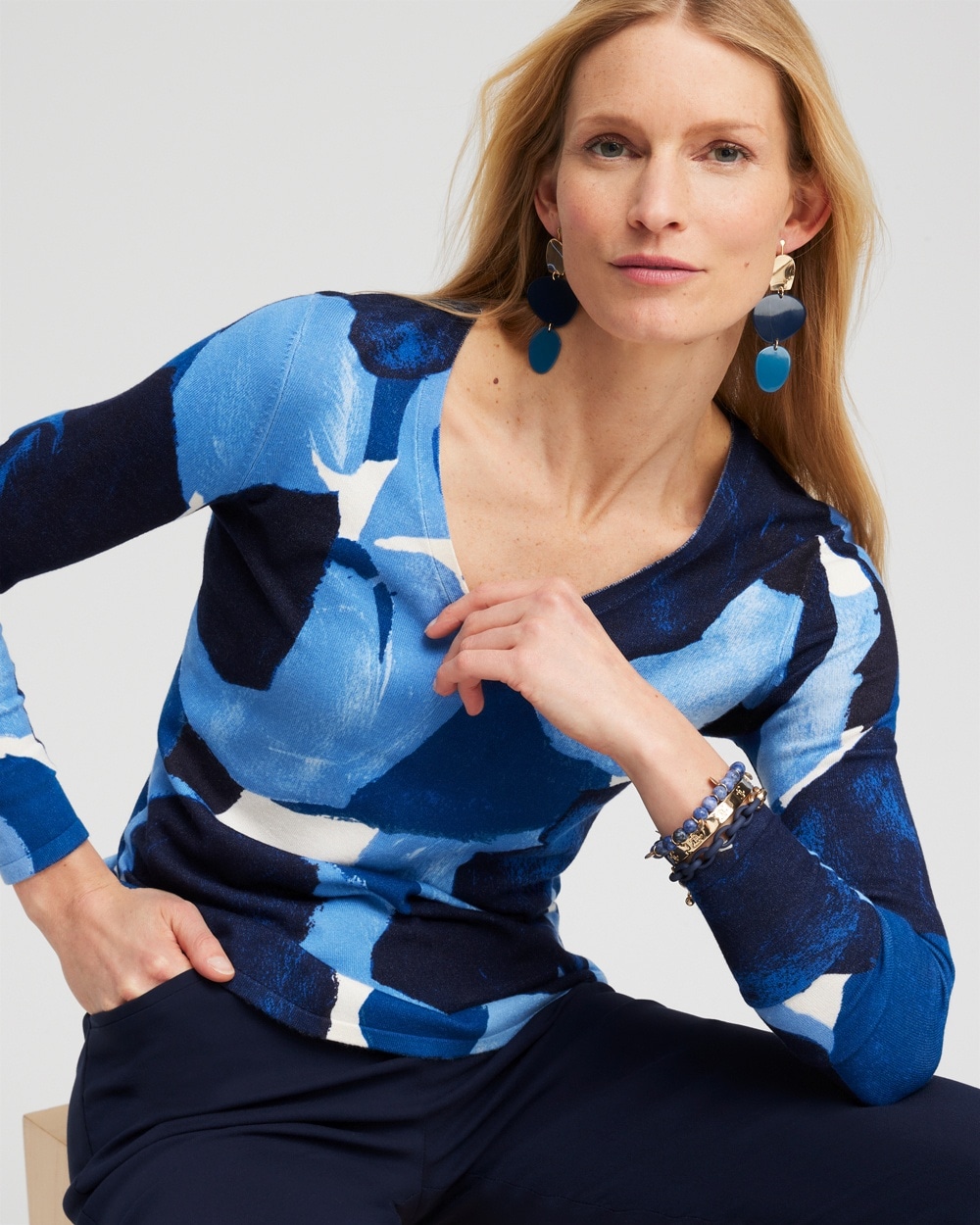 Chico's Sweaters | Spun Rayon Abstract V-neck Pullover Classic Navy