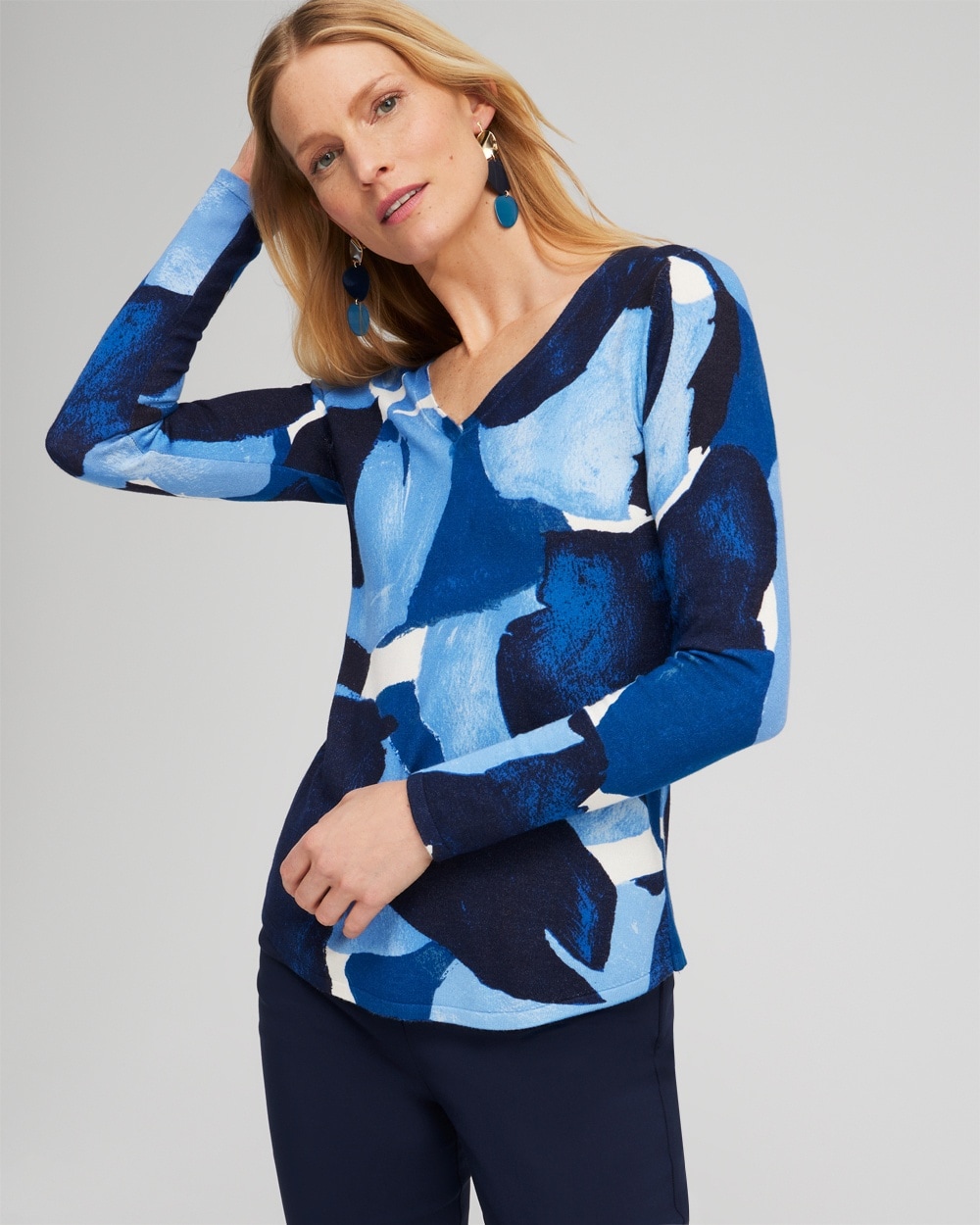 Chico's Sweaters | Spun Rayon Abstract V-neck Pullover Classic Navy