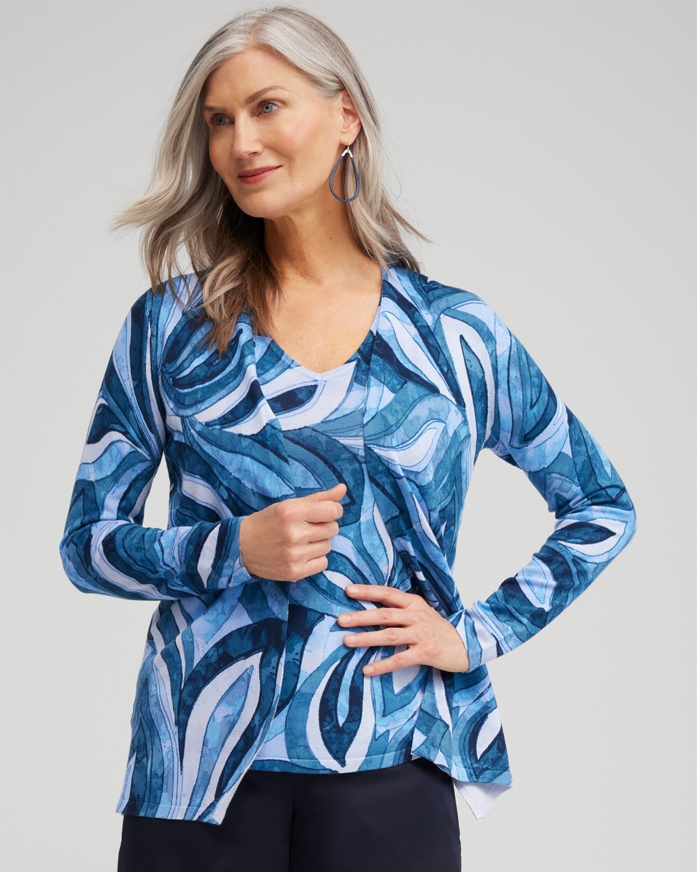 Chico's Sweaters | Spun Rayon Leaf Print Cardigan Azores Blue