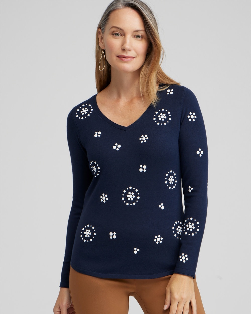 Chico's Sweaters | Spun Rayon Embellished V-neck Pullover Classic Navy