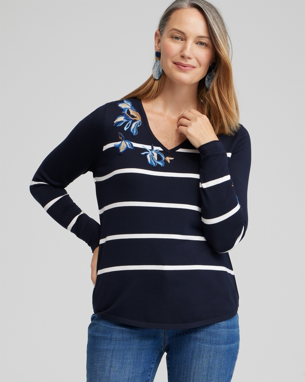 Chico's Sweaters | Spun Rayon Stripe V-neck Pullover Classic Navy