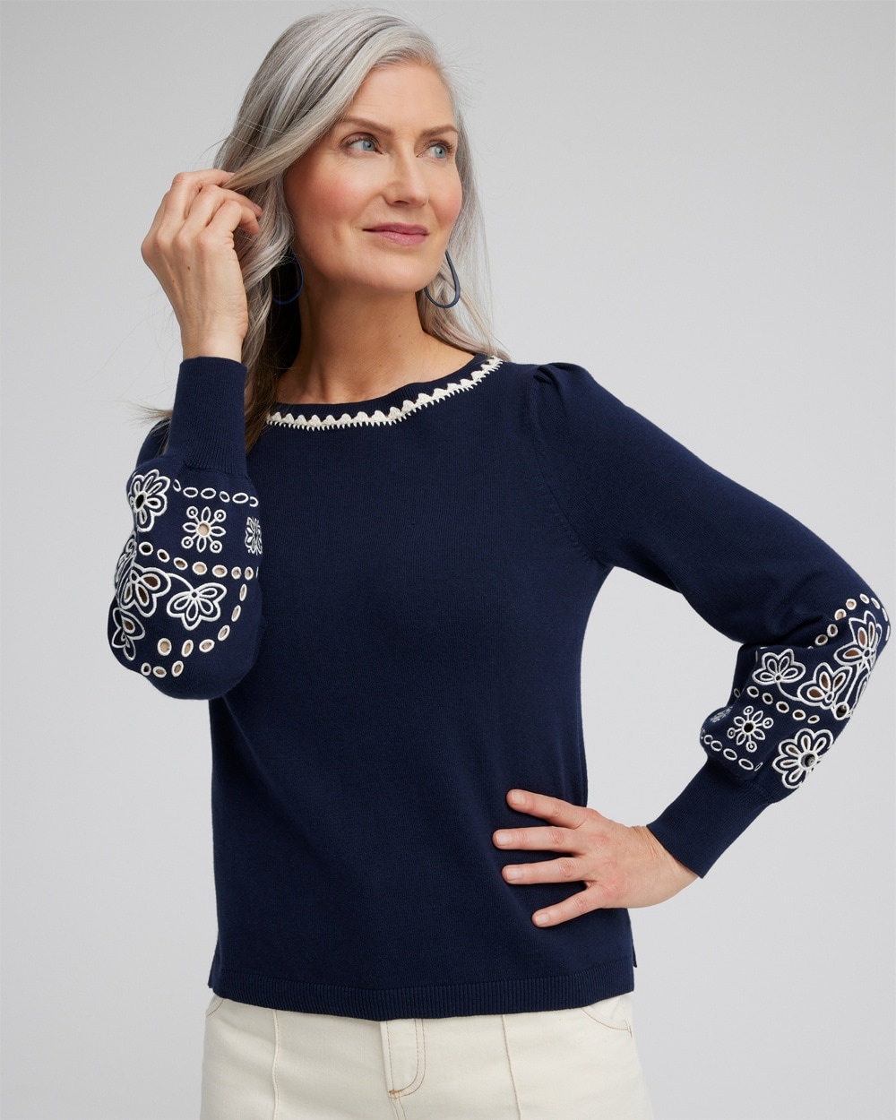 Chico's Sweaters | Embroidered Pullover Sweater Classic Navy