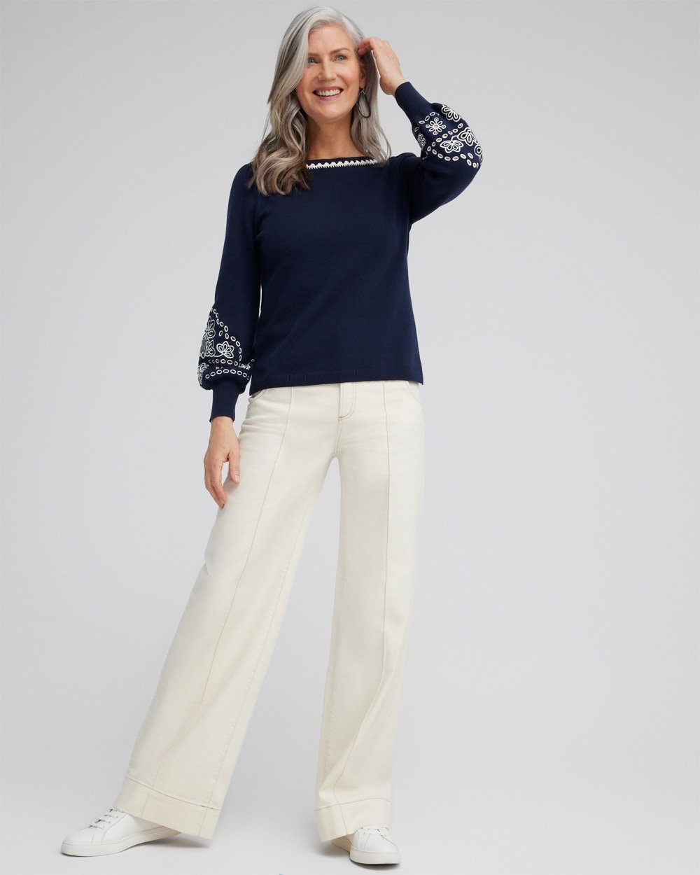 Chico's Sweaters | Embroidered Pullover Sweater Classic Navy