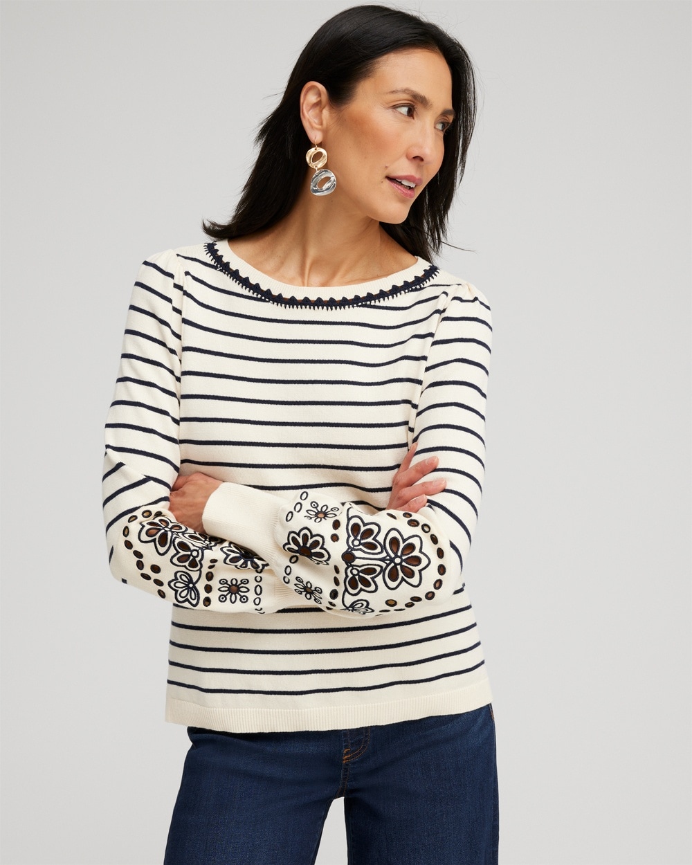 Chico's Sweaters | Embroidered Stripe Pullover Sweater English Cream