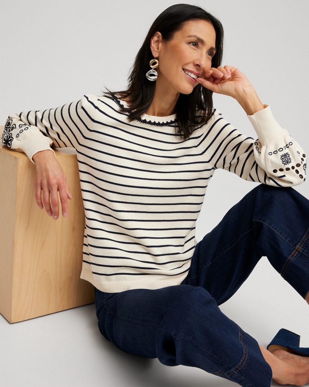 Chico's Sweaters | Embroidered Stripe Pullover Sweater English Cream