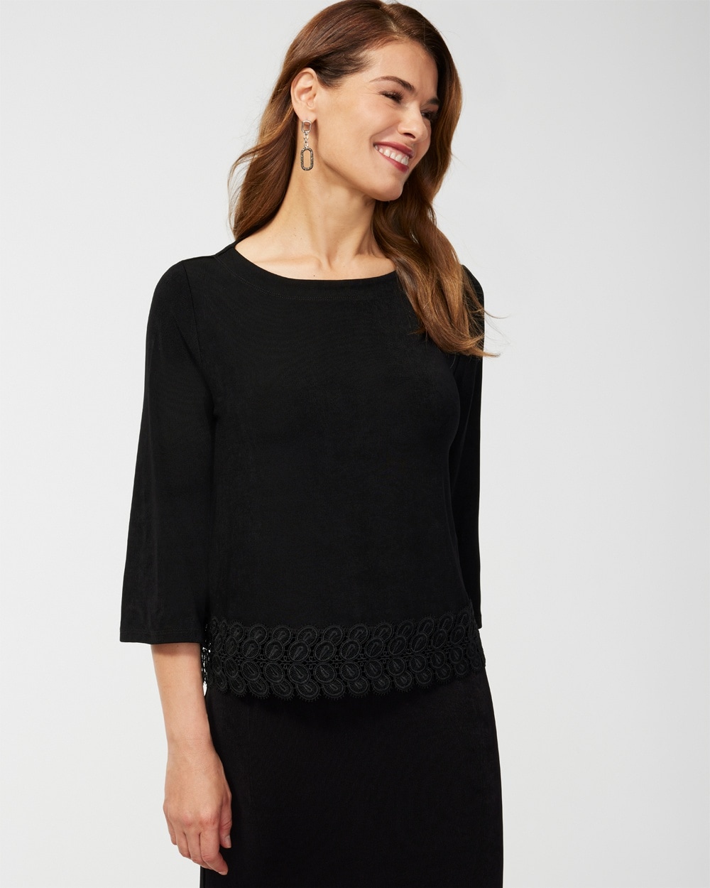 Chico's | Travelers Lace Hem 3/4 Sleeve Top Travelers Black