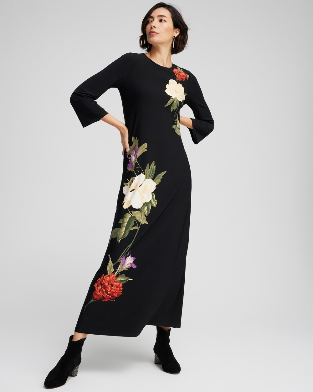 Chico's Dresses & Skirts | Flare Sleeve Floral Maxi Dress Black