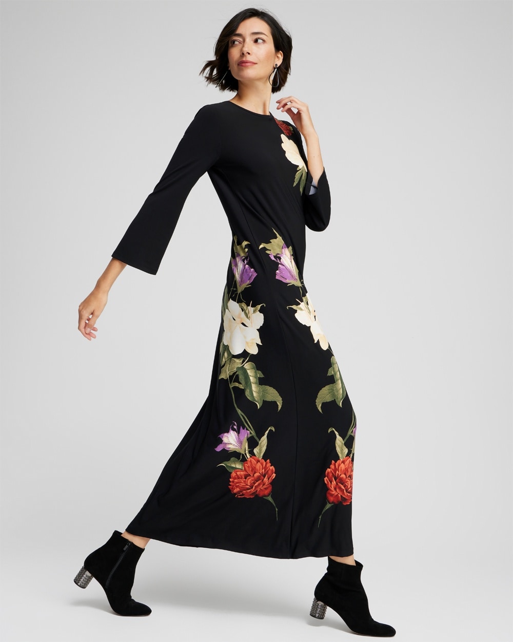 Chico's Dresses & Skirts | Flare Sleeve Floral Maxi Dress Black