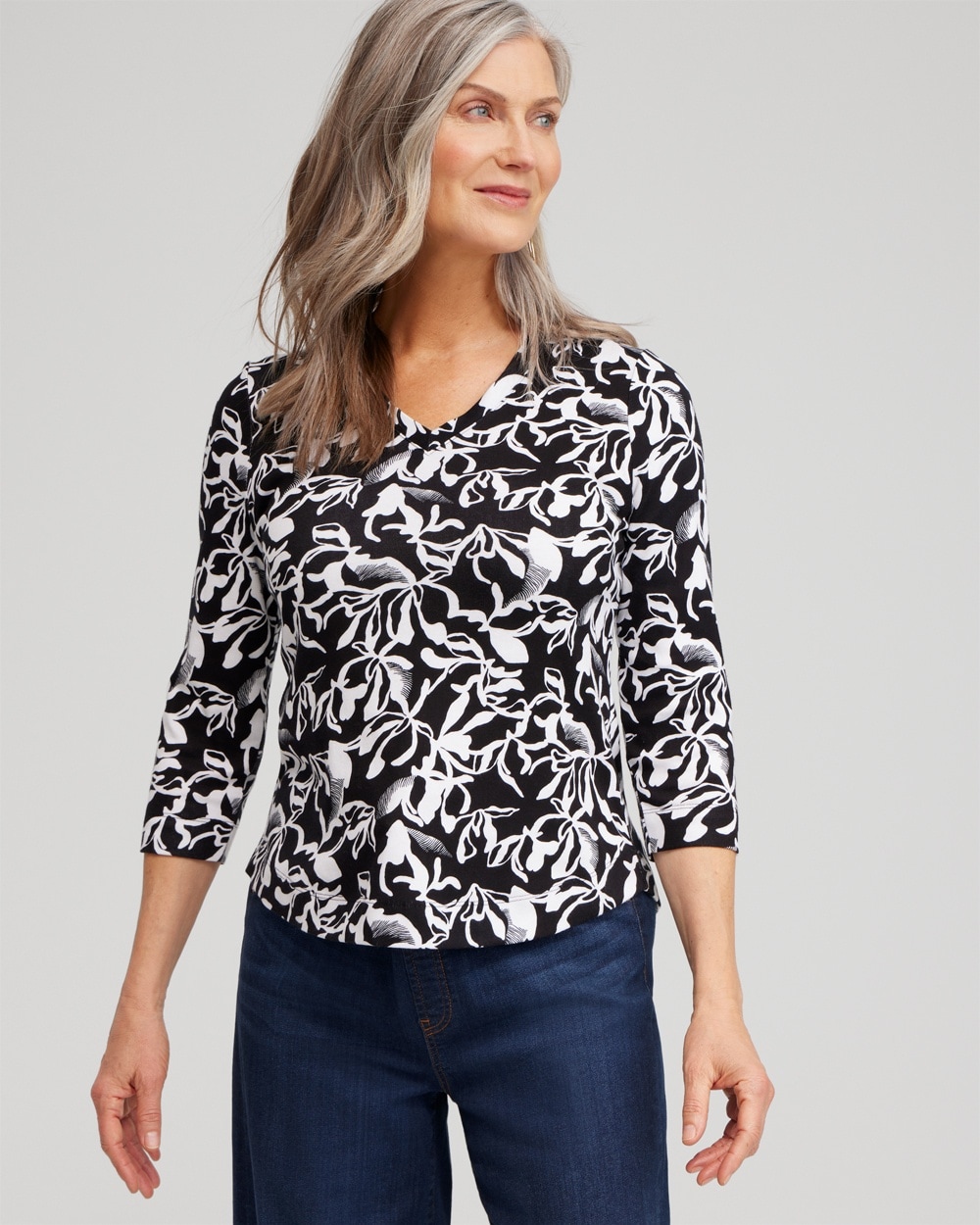 Chico's Tops | Abstract Print V-neck 3/4 Sleeve Tee Black