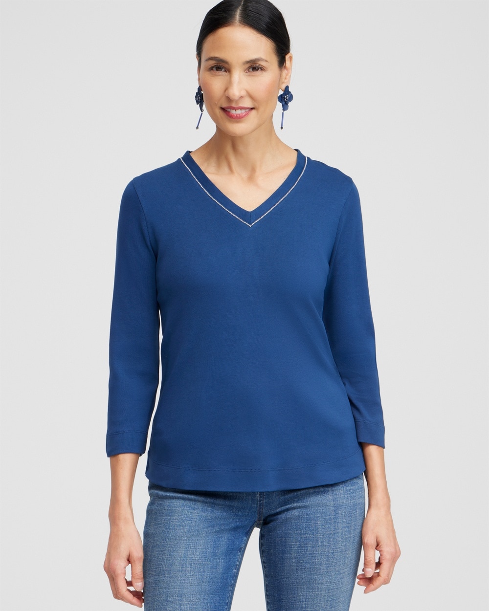 Chico's Tops | Caviar Bead 3/4 Sleeve Tee Azores Blue