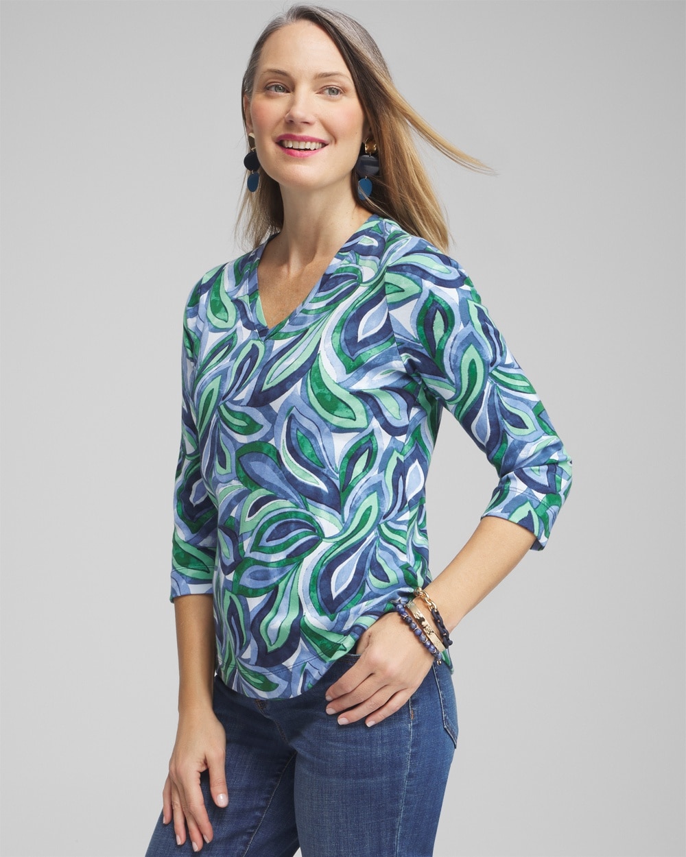 Chico's Tops | Leaf Print V-neck 3/4 Sleeve Tee Blue Echo