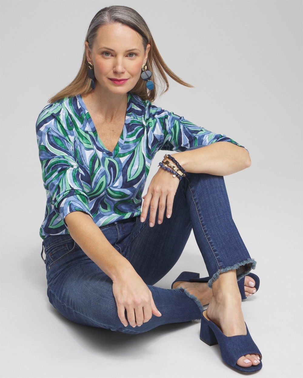 Chico's Tops | Leaf Print V-neck 3/4 Sleeve Tee Blue Echo