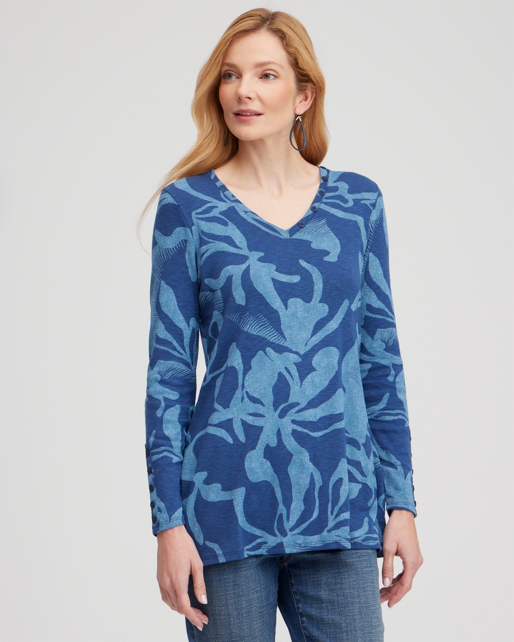 Chico's Tops | Abstract Print Button Detail Tunic Blue Echo