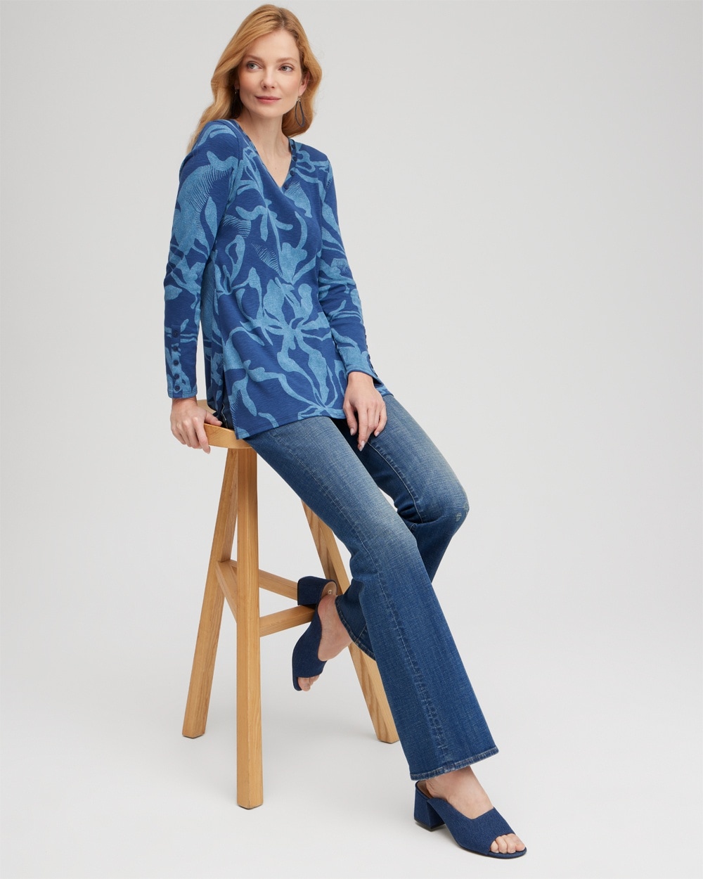 Chico's Tops | Abstract Print Button Detail Tunic Blue Echo