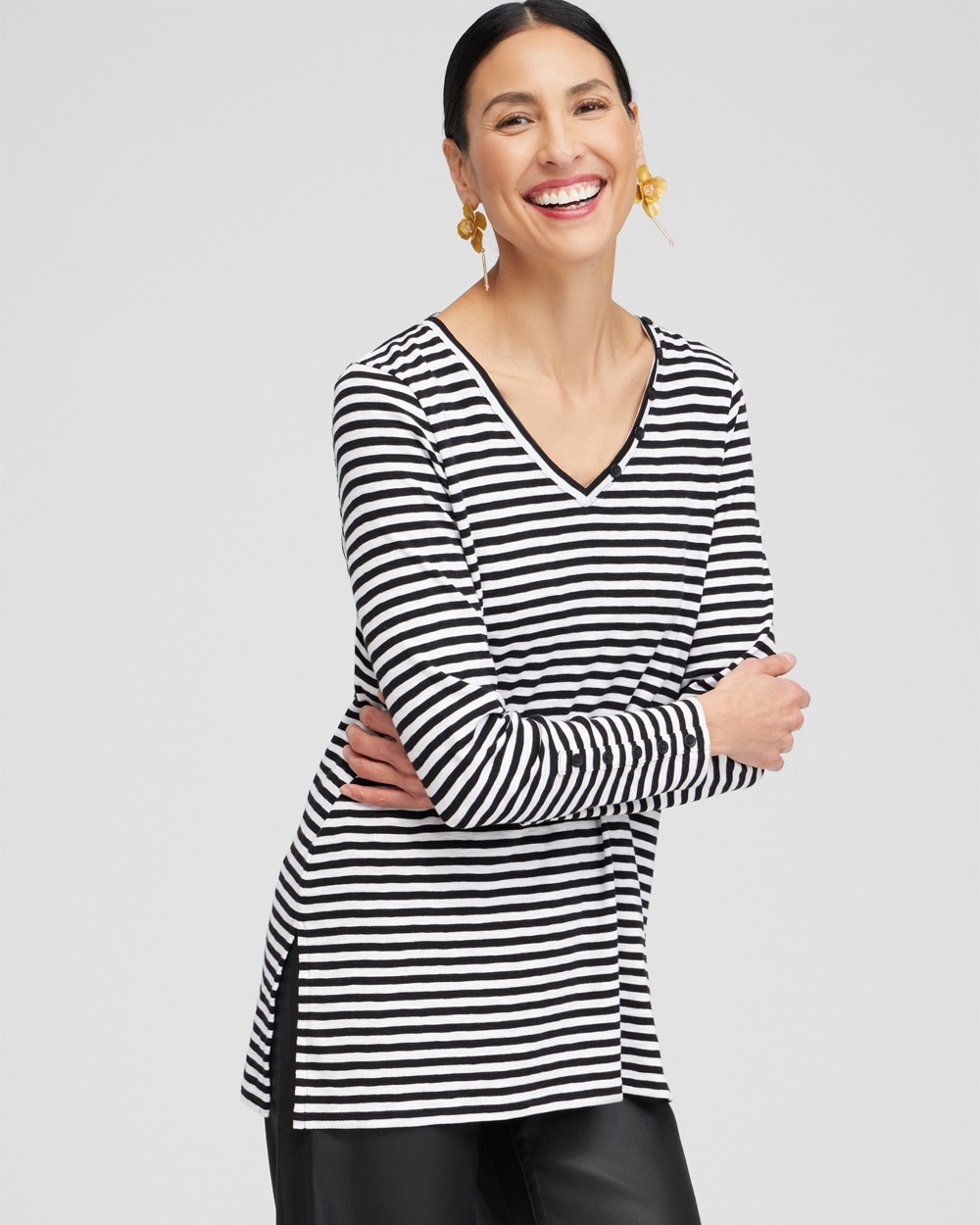 Chico's Tops | Stripe Button Detail Tunic Black