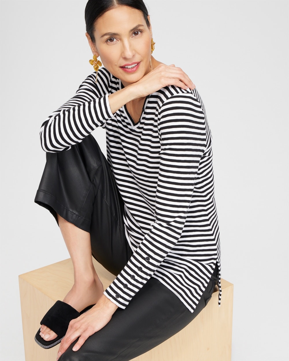 Chico's Tops | Stripe Button Detail Tunic Black