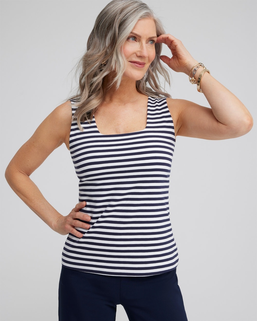 Chico's Tops | Stripe Square Neck Tank Classic Navy