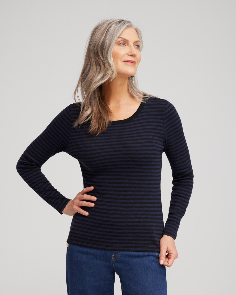 Chico's Tops | Stripe Ribbed Layering Tee Classic Navy